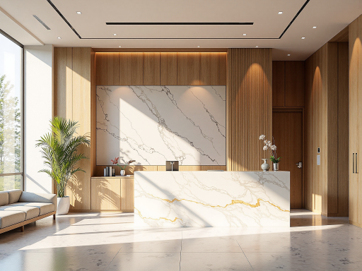 公司接待区域场景，现代化办公环境，接待台，访客等待区，明亮自然光