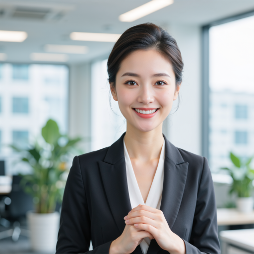 三十岁左右女性销售经理头像，穿职业套装，微笑表情，专业商务背景